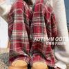 Red Woolen Plaid Pants Women's Spring and Autumn New High-waisted Drooping Straight Loose and Lazy Casual Wide-leg Pants