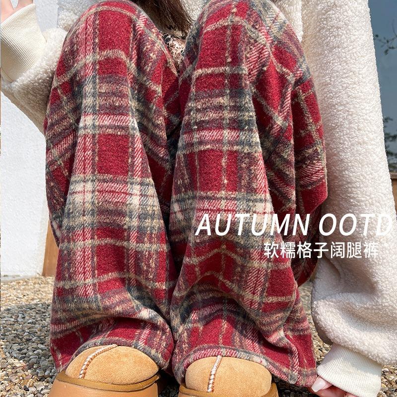 Red Woolen Plaid Pants Women's Spring and Autumn New High-waisted Drooping Straight Loose and Lazy Casual Wide-leg Pants