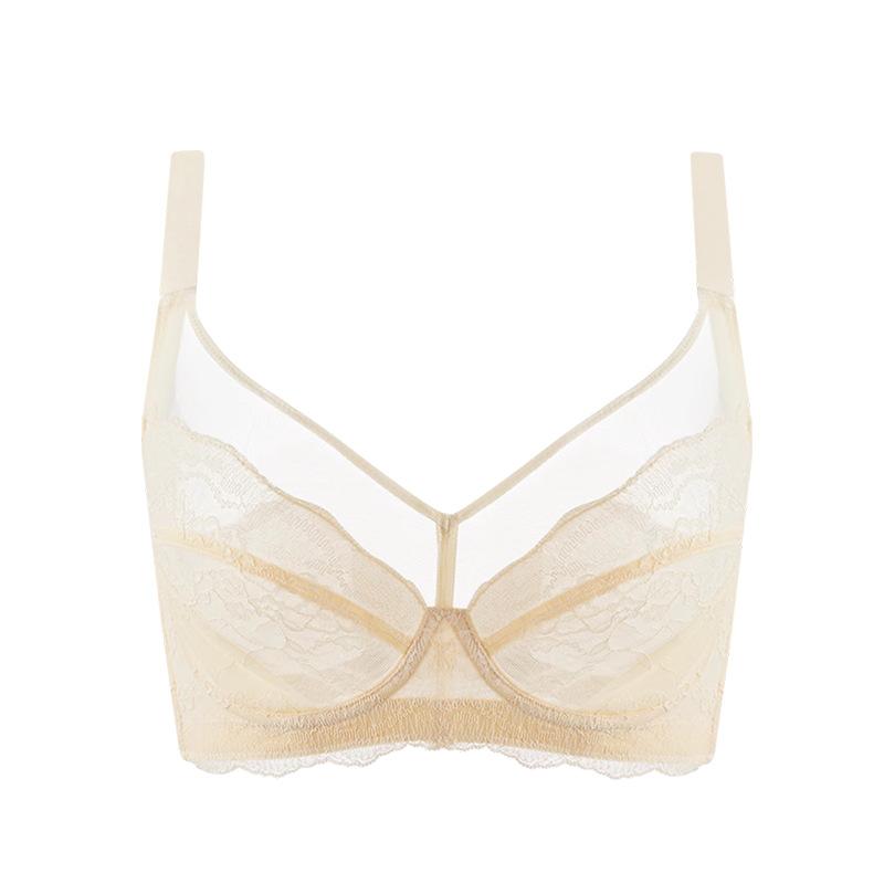 Summer Ultra-thin Big Breasts Show Small Upper Support Gathering Lace Large Size Underwear Women's Soft Steel Ring Showing Thin Anti-bumping Bra Cover