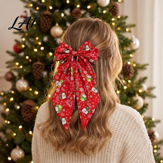 Holiday Hair Accessories with Ribbons Christmas Bows for Women Girls Snowman Bow Clips Handmade Red Green Theme Decorations Bows Festive Long Tail,