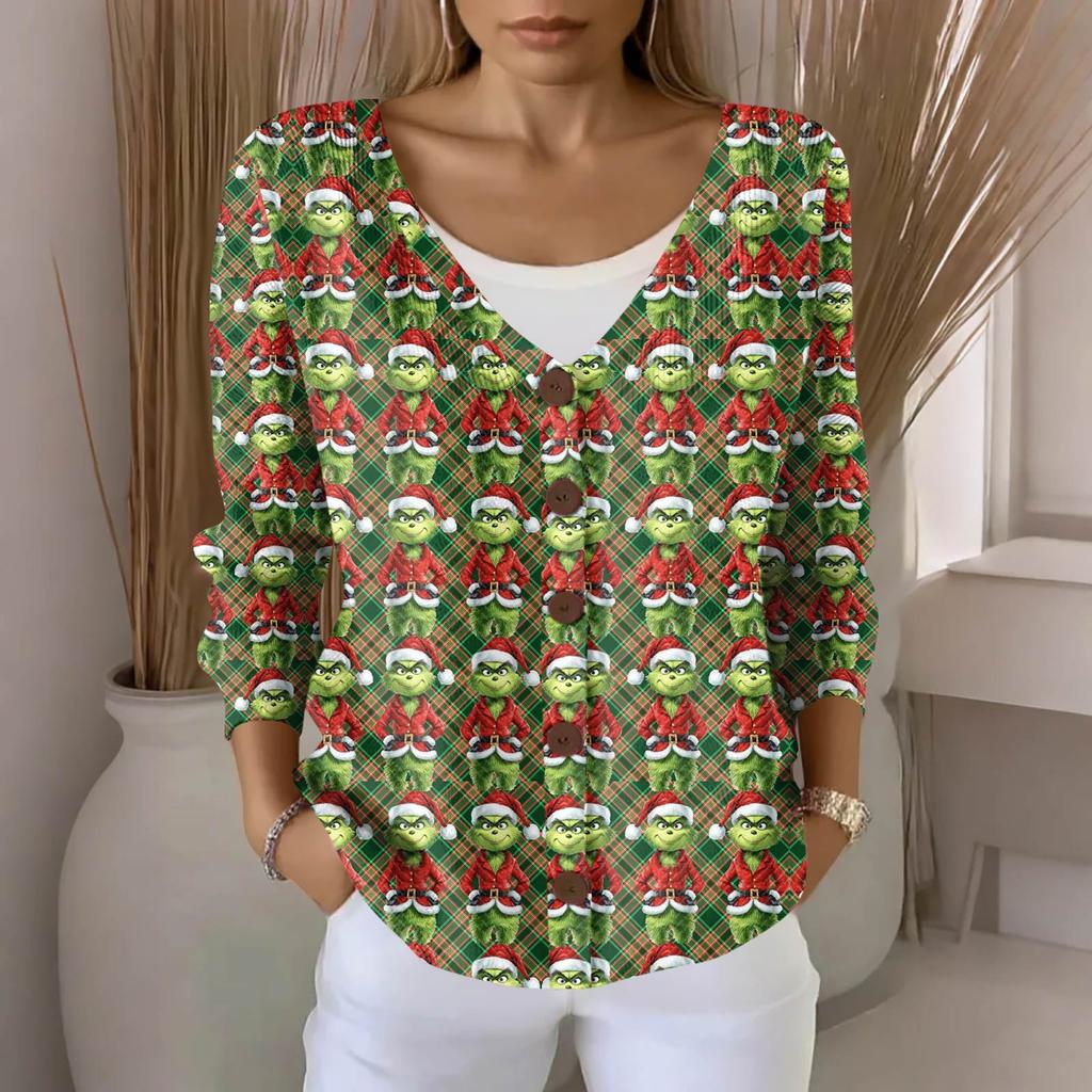 Women's Fashion Casual Knit Sweater Button-Up Christmas Print Cardigan Jacket