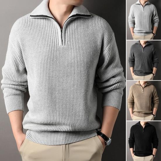 Men Fall Winter Sweater Lapel Loose Half Zipper Long Sleeves Mid Length Solid