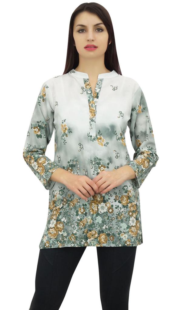 Phagun Women's White Floral Digital Printed Long Sleeve Tunic Casual Top -