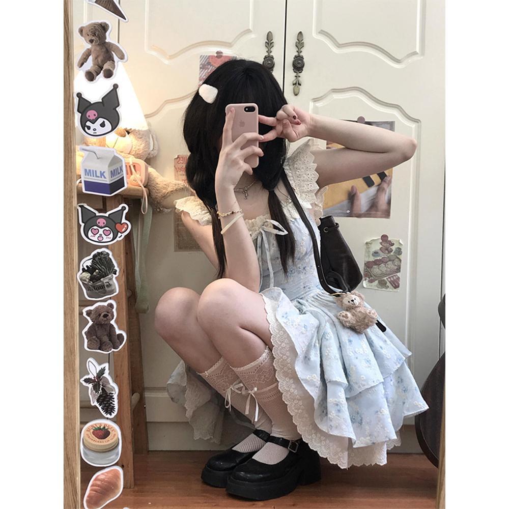 Sweet Pure Desire Small Flying Sleeves Floral Dress Women's Summer French Waist Small Princess Puffy Cake Short Dress