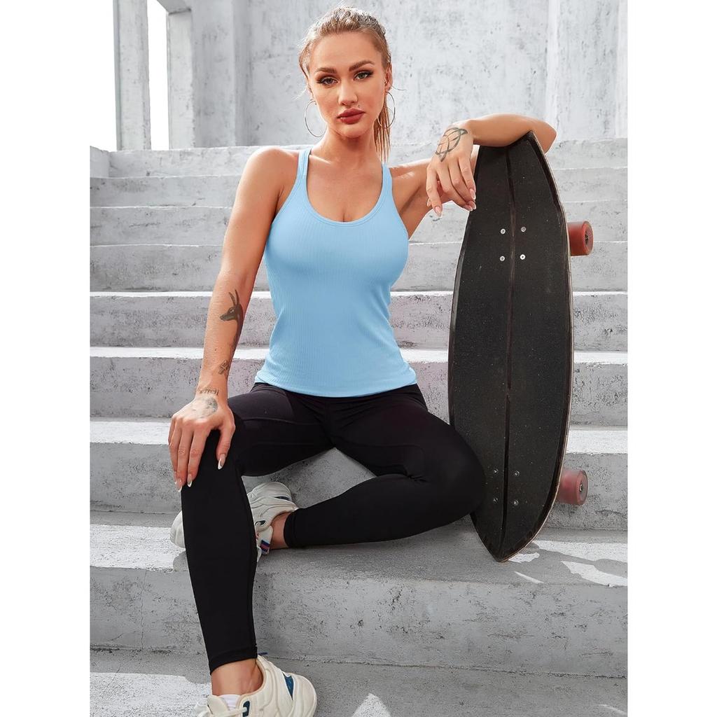 CHARMLEAKS Женские майки для тренировок в рубчик со встроенным бюстгальтером. Плотный спортивный топ с круглым вырезом и борцовкой.