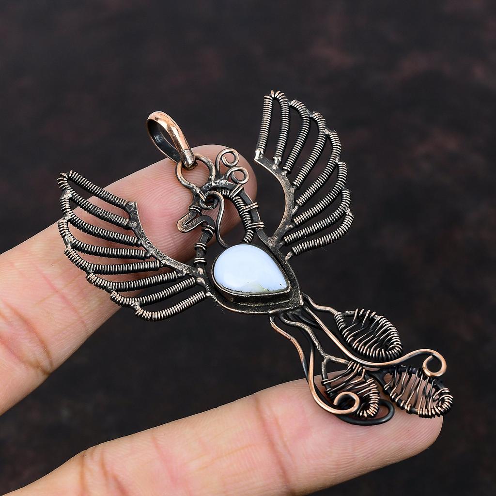 Подвеска из голубого кружевного агата, подвеска из медной проволоки, подвеска ручной работы в виде птицы Феникс, подвеска из драгоценного камня, подарок для женщин, очень красивые медные украшения