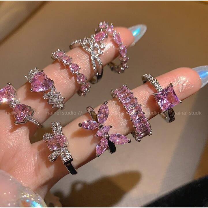 iF ME Zircon Silver Ring for Women Opening Sweet Pink Crystal Bow Heart Rings Accessories Jewelry