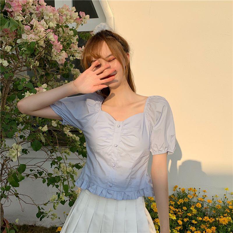WTEMPO Брендовые летние милые дизайнерские нишевые французские винтажные рубашки с квадратным воротником и короткими рукавами-пузырьками, обнажающие ключицу, тонкие и тонкие топы