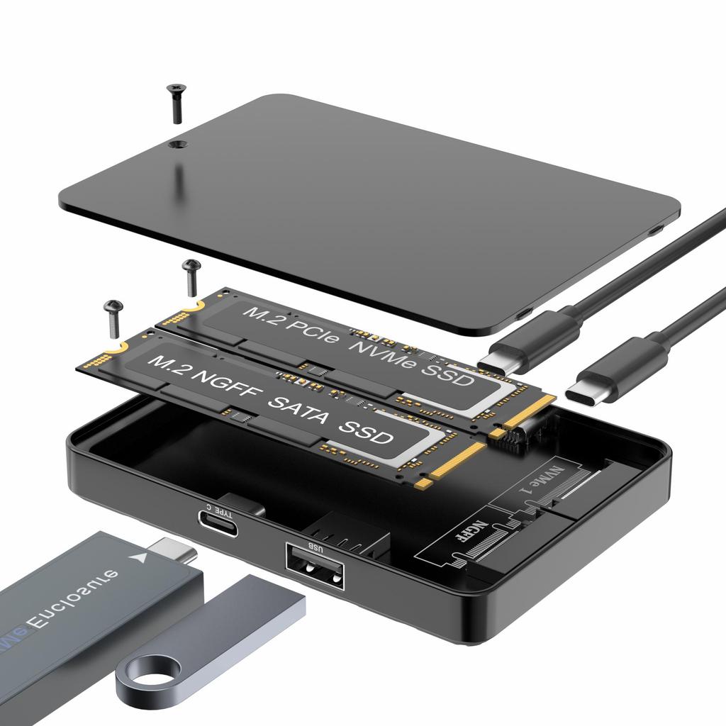 Dual Bay M.2 SSD Enclosure Dual Protocol M.2 NVMe SATA SSD Case Solid State Drive Docking Station USB3.2 GEN2 10Gbps SSD Adapter