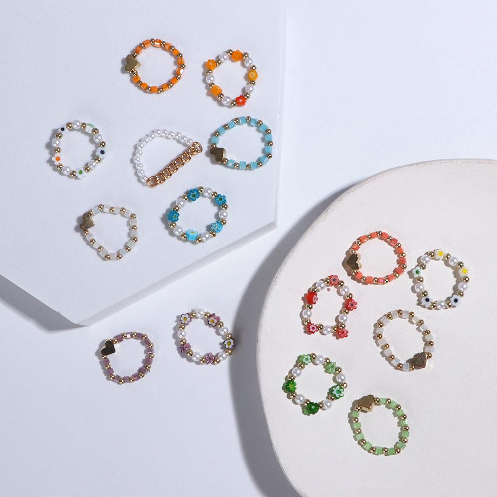 Trendy Love Heart Acrylic Bohemia Pearl Finger Ring Set Party Jewelry Beaded Rings Women Ring