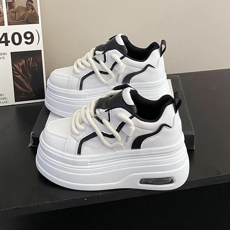 Новые шикарные женские кроссовки на платформе из кожи со шнуровкой, удобные, 8 см, толстая подошва, спортивная обувь, маленькие белые вулканизированные туфли