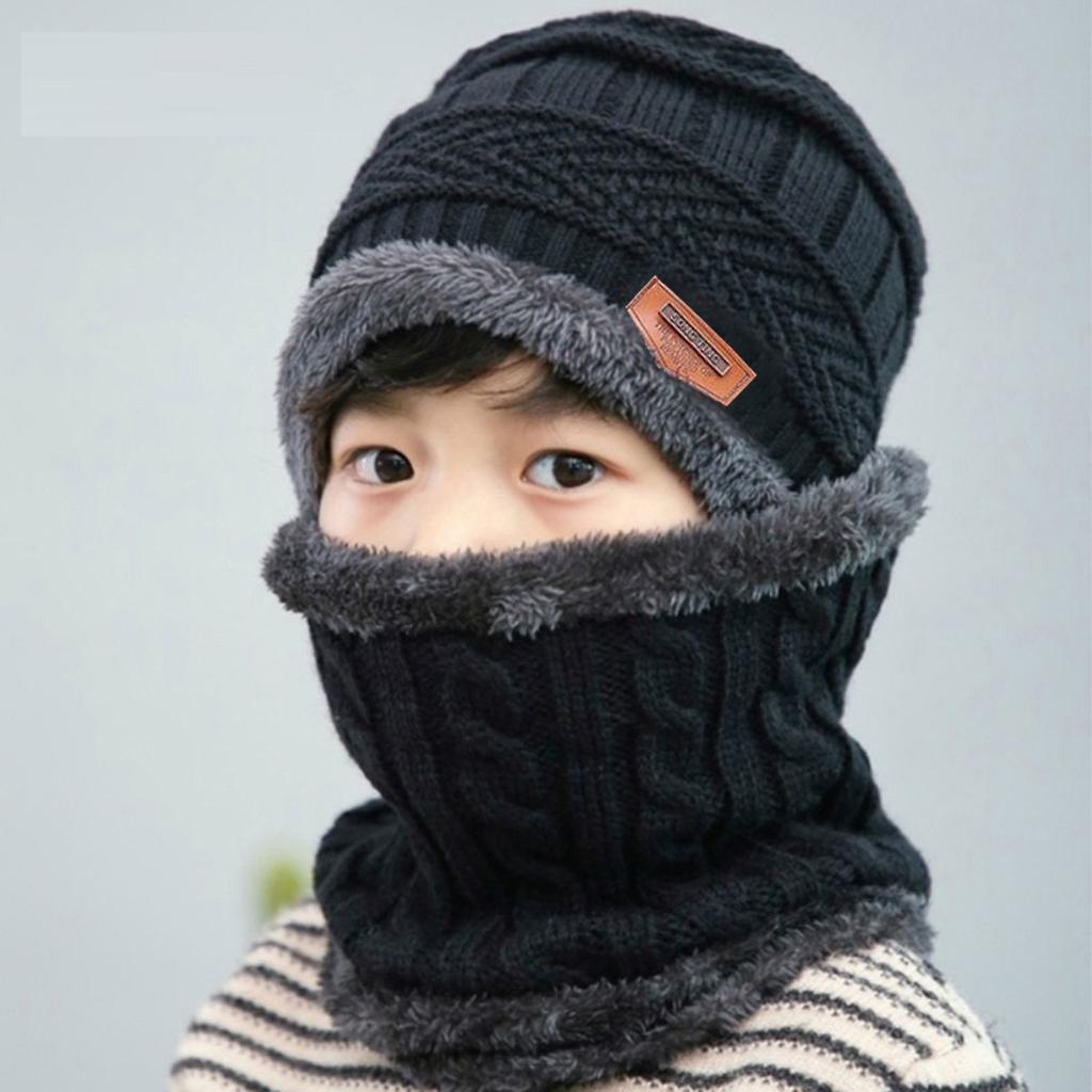 Вязаная шапка для детей плюс бархатный теплый нагрудник, толстая шерстяная шапка, холодная шапка