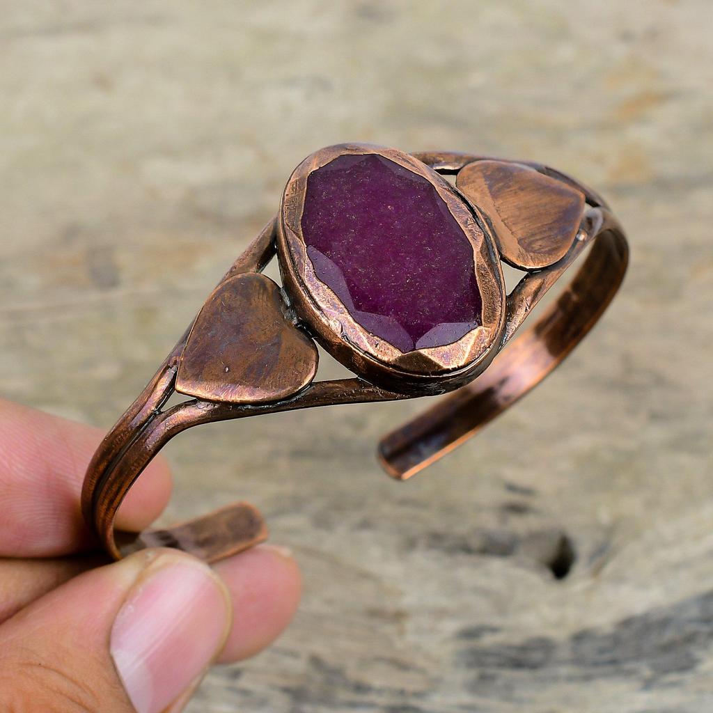 Граненый Кашмирский Рубин Браслет Гальванопластированная Медь Браслет-Манжета с Драгоценным Камнем Регулируемый Браслет Манжета Ручной Работы Гальванопластированные Ювелирные Изделия Подарки для Мамы