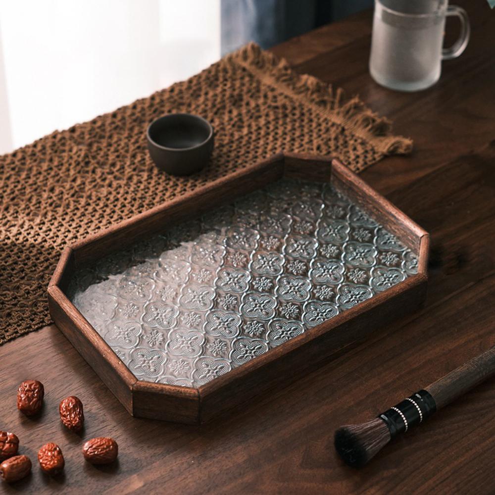 1PC Vintage Wood Glass Walnut Color Snack Storage Box Tea Tray Dry Fruit Snacks Household Tray Storage Box