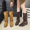 2025 New Women's Shoes Niche Retro Hand Stitched Wedge Heel Pointed Straight Boots Metal Belt Buckle Wedge Heel Knight Boots