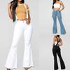 Women High Waist Zipper Jeans Button Strap Pants Trousers Bell-bottom Pants
