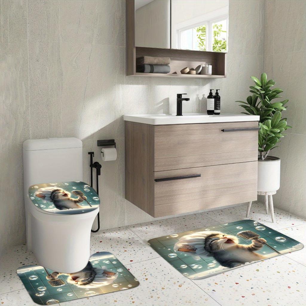 Набор из 4 предметов: Занавеска для душа для ванной комнаты с забавным рисунком поющего кота, занавеска для ванной с 12 крючками, нескользящие коврики, коврик для крышки унитаза, перегородка для ванной комнаты