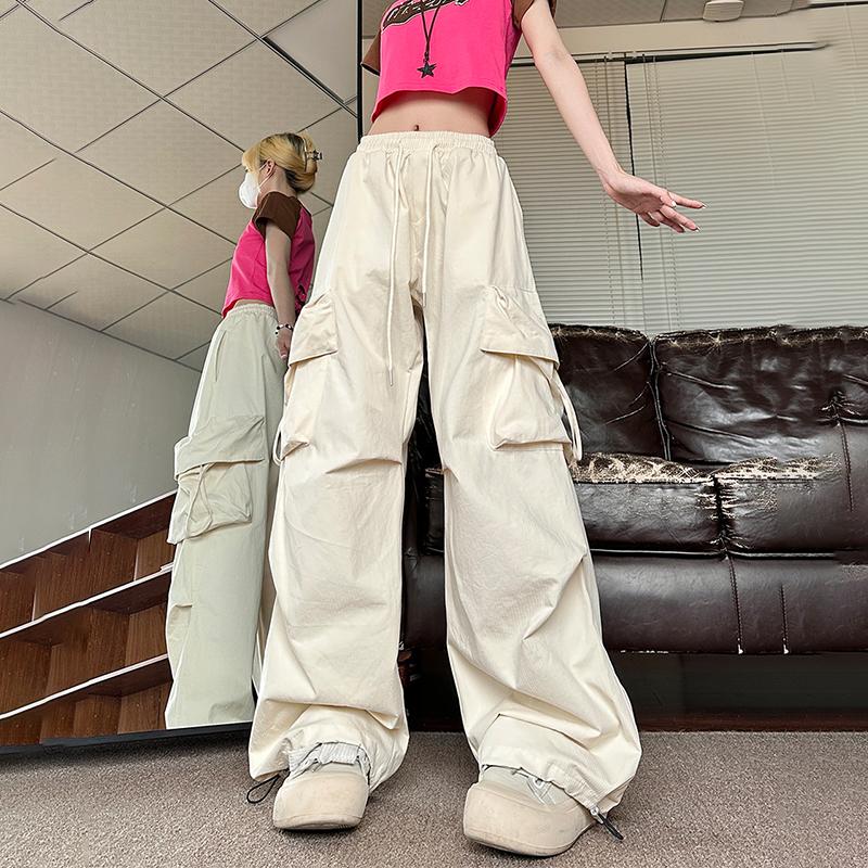 Бежевые брюки-карго в стиле хип-хоп, женские брюки-карго в стиле Харадзюку Y2K, винтажные мешковатые уличные брюки большого размера, широкие брюки-парашюты, женская корейская мода
