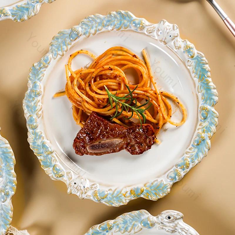 Рельефные обеденные тарелки во французском стиле, легкие, роскошные, креативные, керамические тарелки, десерты, салатники, изысканная домашняя посуда