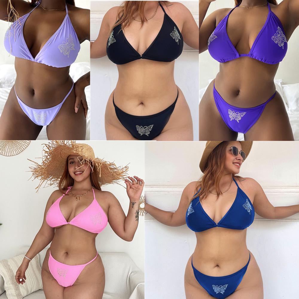 European & American Plus Size Rhinestone Lace-up Swimsuit - Hot Selling Solid Color Bikini ZY066