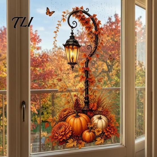 Thanksgiving Window Clings Autumn Pumpkin Street Lamp & Maple Leaves Wall Sticker, Waterproof PVC Fall Harvest Creative Theme Accents Decal,