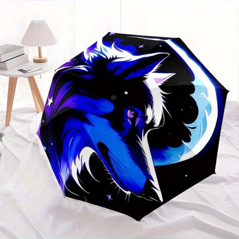 1pc Midnight Wolf Pattern Automatic, 8 Iron Frames, High-Value Folding Umbrella, Suitable for Office, Travel and Outdoor Adventure.A105