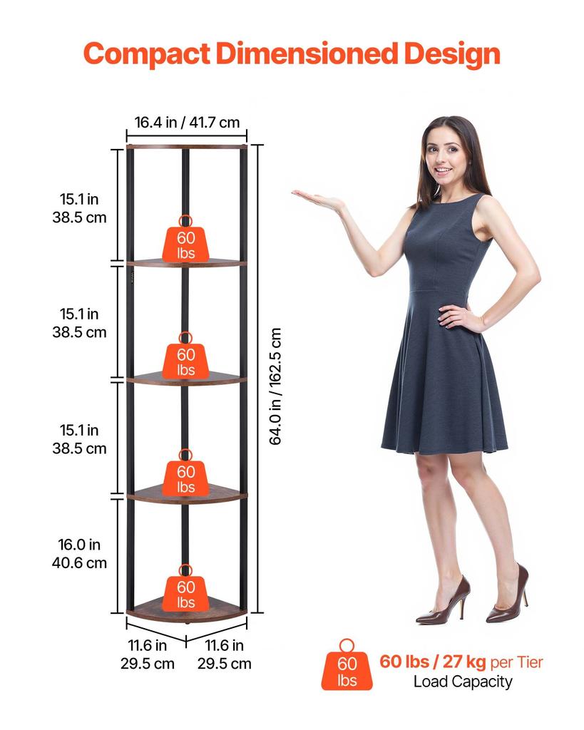 VEVOR 5 Tier Corner Shelf, Tall Corner Stand with LED Light, Wall Shelves Tower Storage Organizer with Metal Frame & Wooden Shelves