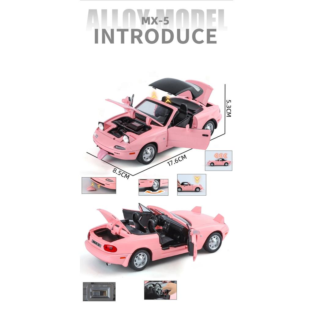 1/24 Mazda MX5 Модель легкосплавного автомобиля Звук и свет Инерционный механизм Детская игрушка Коллекционные предметы Подарок на день рождения
