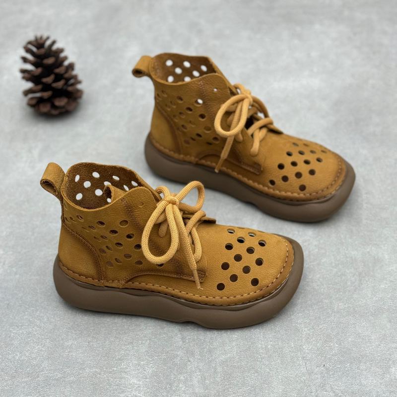 Retro Handmade Genuine Leather Cutout Flat Boots with Round Toe and Lace-up Design for Summer