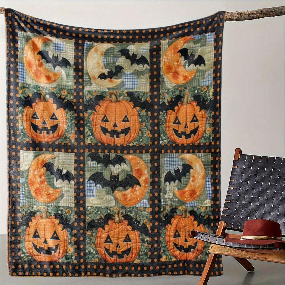 Vintage Halloween Pumpkin Bat Moon Pattern Flannel Throw Blanket Soft Warm Fleece Bed Sofa Quilt Decorative Home Decor Autumn Holiday Gift