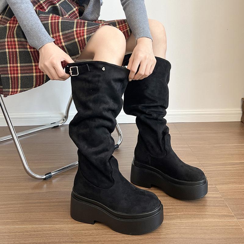 Long Tube Stack Boots Women's Summer 2025 New Big Tube Circumference Western Cowboy Boots Heightened Thick-soled Khaki Boots