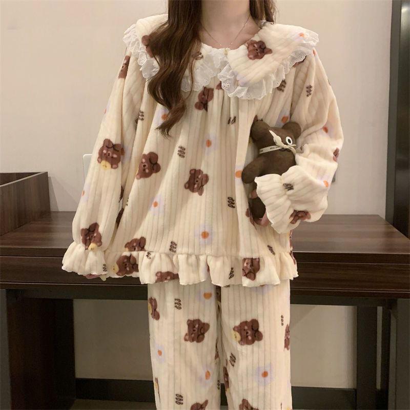 Женская пижама с принтом медведя, корейская милая принцесса, зимняя теплая свободная повседневная домашняя одежда, комплект из двух предметов с кукольным воротником и длинными рукавами