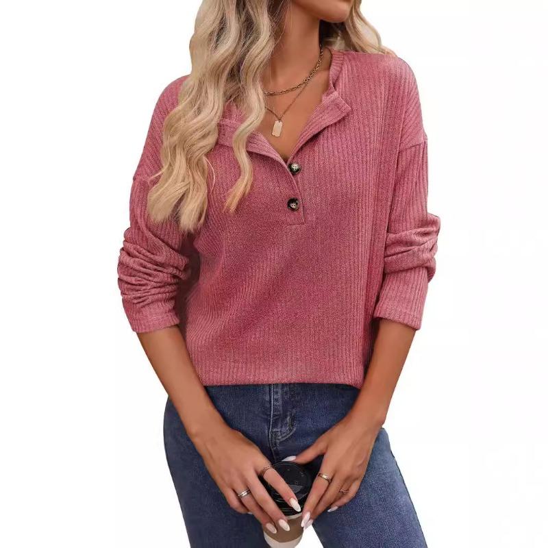 Women's Autumn and Winter Loose Casual Pit Strip Long Sleeve Button T-shirt Top
