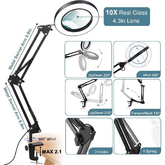 10X Magnifying Glass with Light and Clamp, Veemagni 3 Color Modes Stepless Dimmable Real Glass LED Lighted Magnifier, Adjustable Swing Arm Desk Lamp