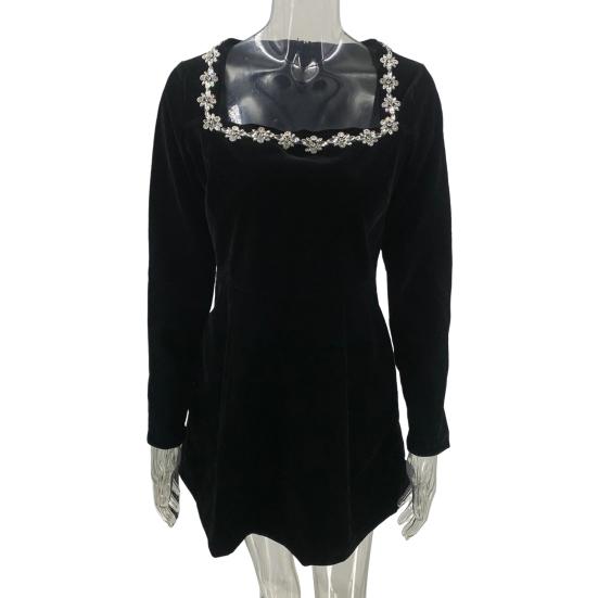 Женское платье со стразами, квадратным вырезом, длинными рукавами, однотонное мини-платье А-силуэта, длиной выше колена, осенне-весеннее платье для свиданий и вечеринок