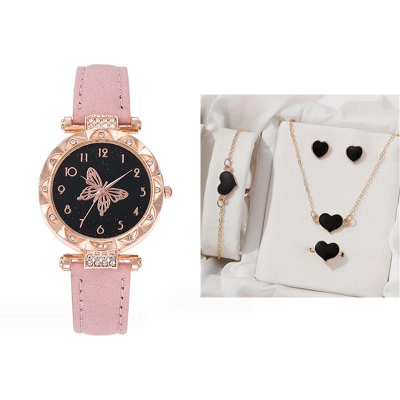 Luxury Quartz Watches Women Ladies Fashion Leather Wrist Watch Jewelry Heart Ring Necklace Earring Bracelet Sets