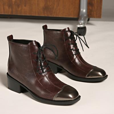 Новые ботильоны Осенняя мода Острый носок На шнуровке Водонепроницаемая кожа Износостойкий Блочный каблук Одинарная обувь