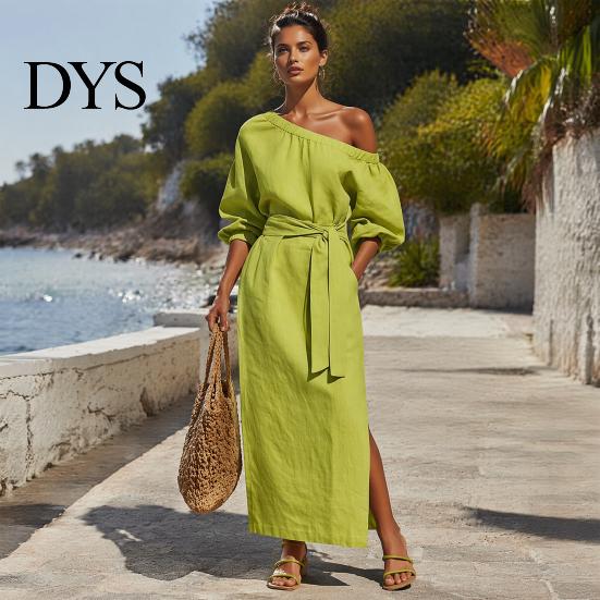 Daily Wear Dress Women One Shoulder Long Dress, Solid Color Tie Waist Side Split Everyday Dresses Casual Party Sleeve Maxi for Summer Office