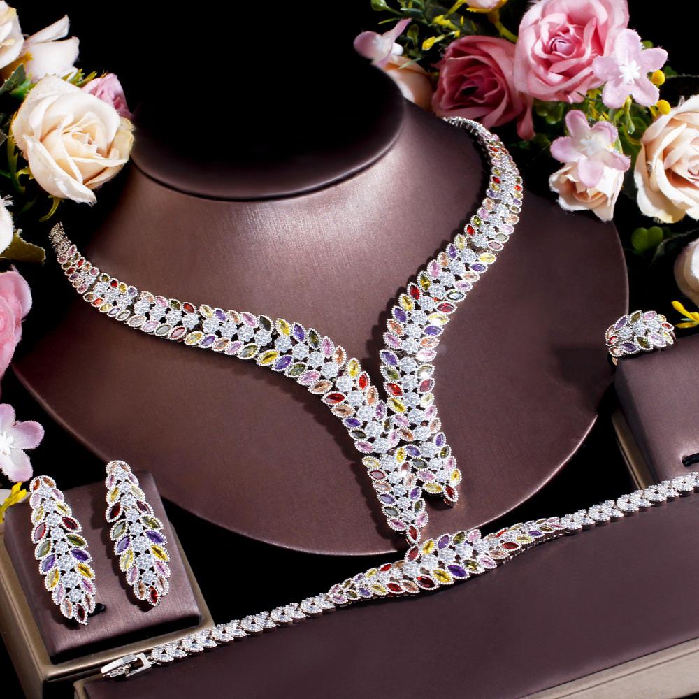 4 шт., цветное ожерелье с крупными листьями и фианитами, белое золото, комплект ювелирных изделий Naija Dubai Bride для свадебного торжества T657