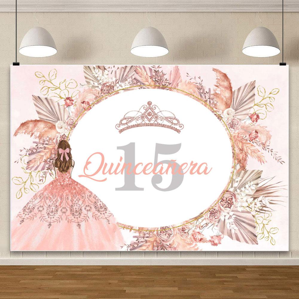 15th Birthday Party Backdrop Custom Decor Floral Crown Pink Rose Quinceañera Princess Flower Butterfly Sweet Girl Dress Photo
