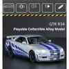 1/32 Nissan GTR R34 Модель автомобиля Игрушки Металлические литые имитационные транспортные средства со светом и инерционными игрушками Коллекция для мальчиков Подарки на праздники