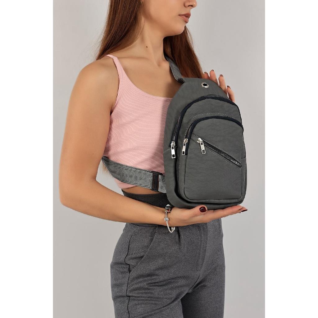 Unisex Gray Side Cross Chest And Waist Bag With Headphone Usb Port And Mobile Phone Compartment