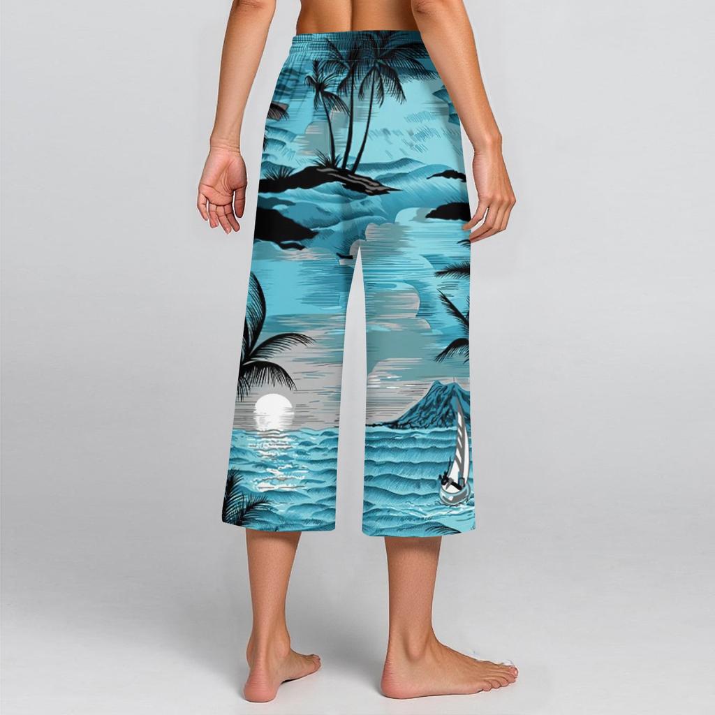 Женские летние повседневные спортивные брюки с высокой талией и принтом, укороченные брюки свободного покроя