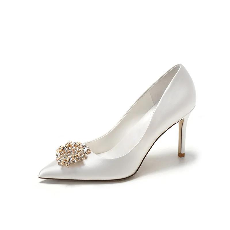 French Wedding Shoes Snowflake Pearl Buckle White High Heels Satin Bridesmaid Dress Shoes Plus Size Bridal Shoes Heels Women