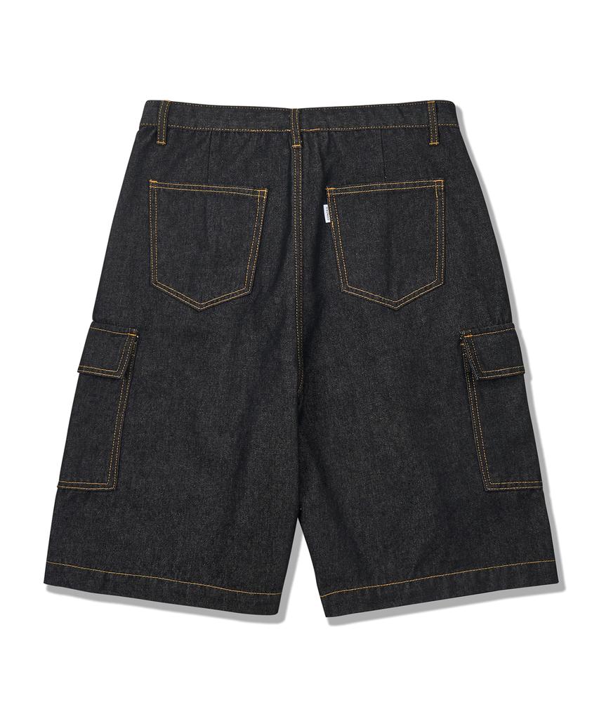CONTROBANAL3 Raw Denim Wide Cargo Shorts [Black]