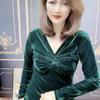 Женский осенне-зимний элегантный повседневный однотонный топ из золотого бархата, темпераментный, досуговый, на пуговицах на груди, приталенный, теплый