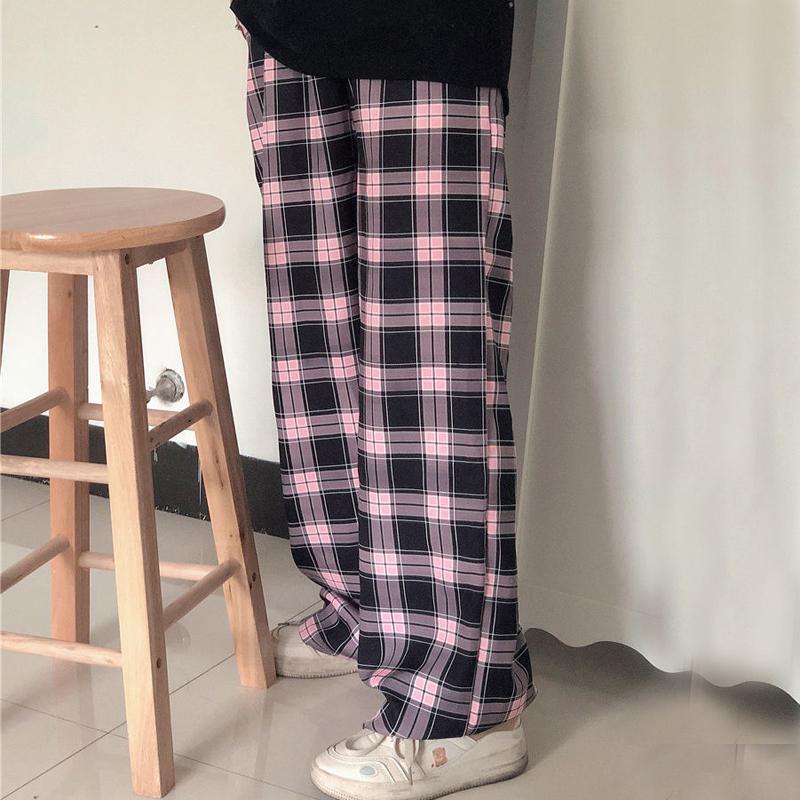 Harajuku клетчатые широкие брюки женские уличные мешковатые спортивные штаны больших размеров винтажные повседневные брюки с высокой талией для бега черные брюки