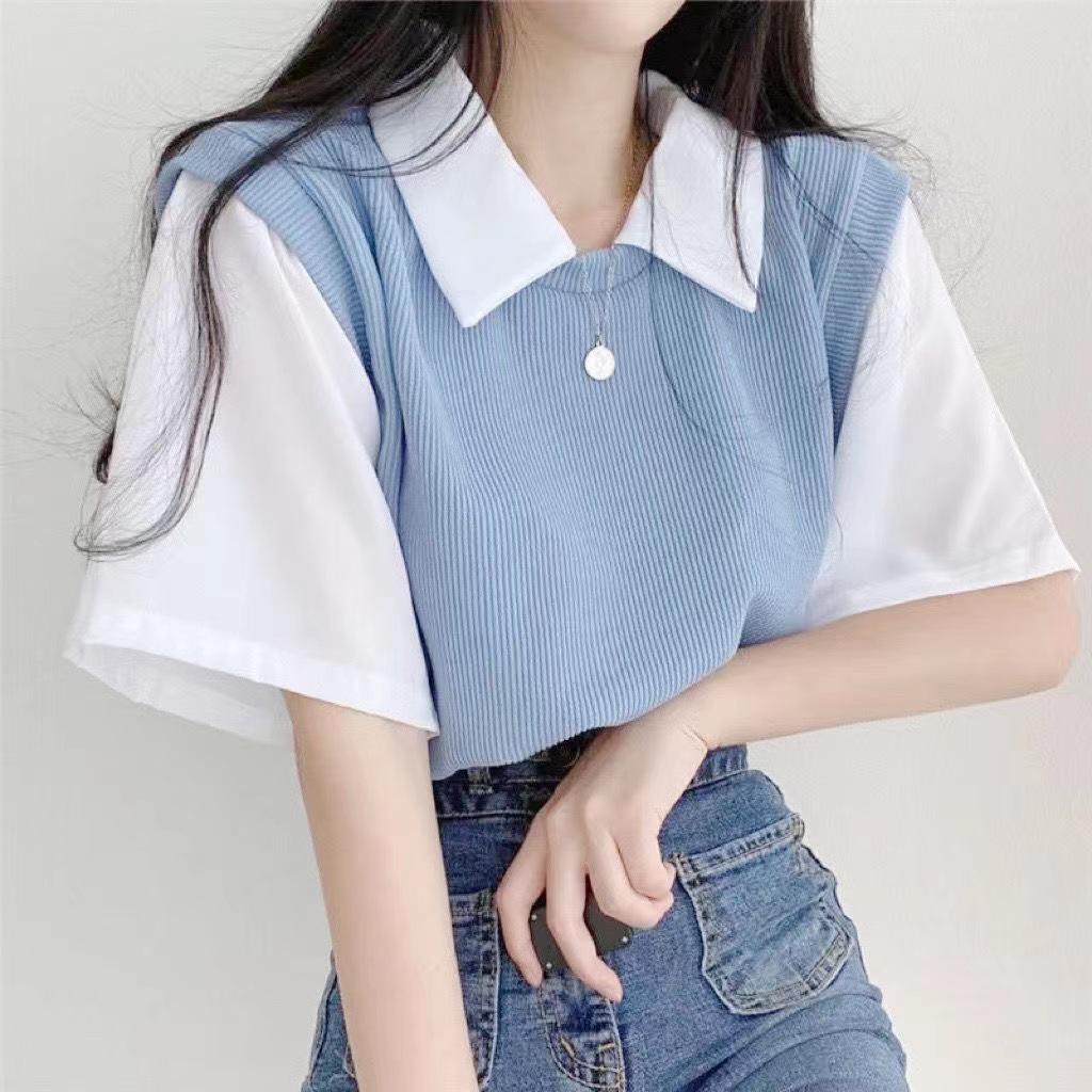 Футболка-поло в стиле колледжа 2025 года из двух частей с контрастным воротником: Повседневный, свободный, с короткими рукавами, универсальный женский топ