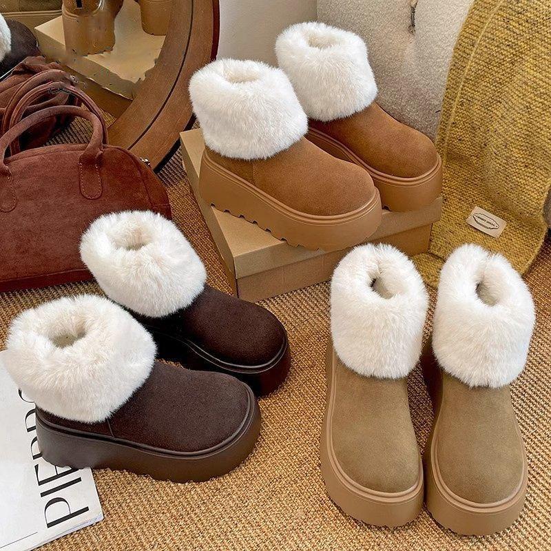 Fleece thickened fluffy short boots ugly cute big head cotton shoes new winter super thick sole heightening snow boots women's