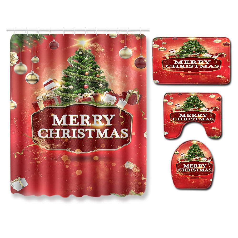 Christmas Home Shower Curtain Polyester Cloth Four-Piece Toilet Floor Mat Bathroom Non-Slip Door Mat Bedroom Carpet